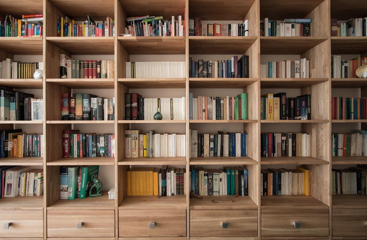Light wood open shelving unit styled with books