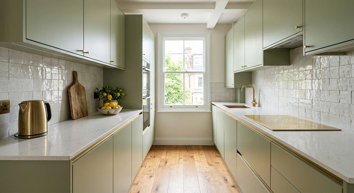 1. Sage green galley kitchen / 1. Cuisine couloir vert sauge