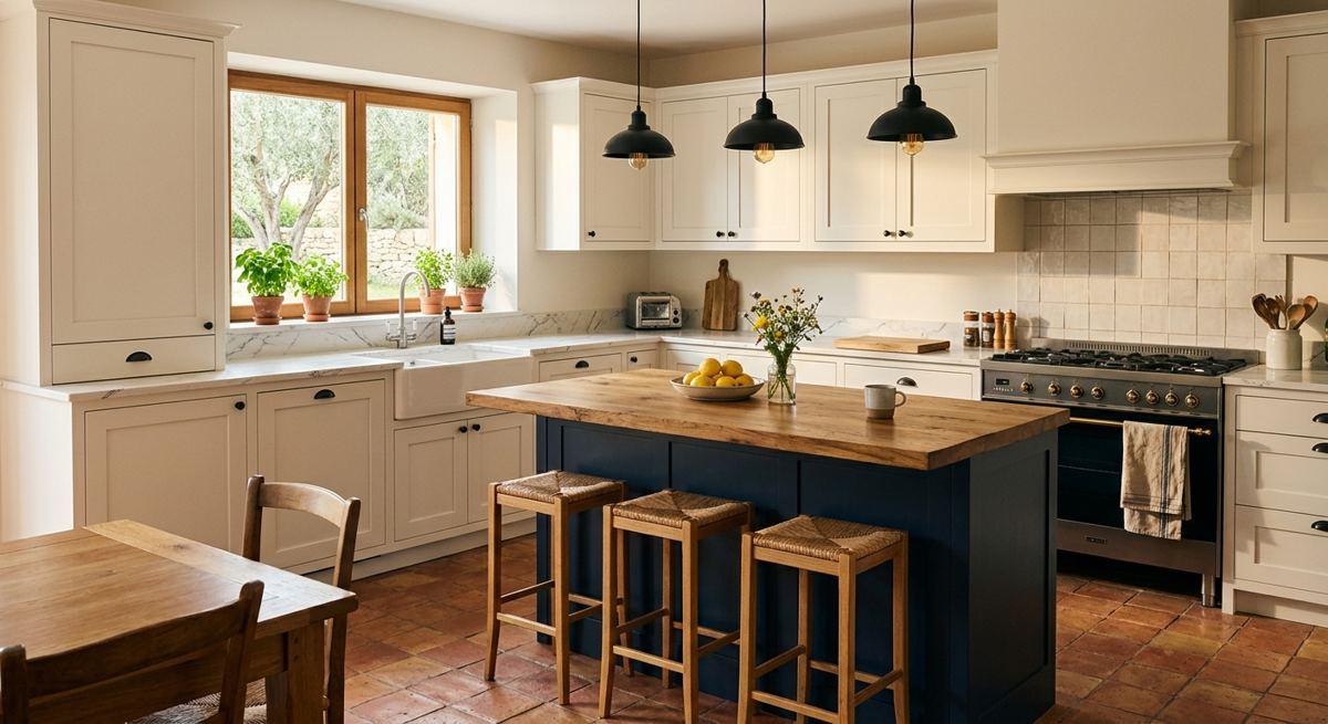 2. Cuisine en L avec îlot bleu marine