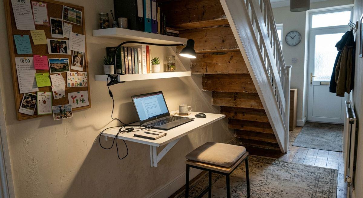 3. Fold-down desk under the stairs